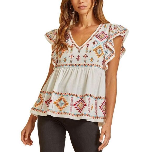 Savanna Jane Tops - Savanna Jane Aztec Embroidered Top Size L